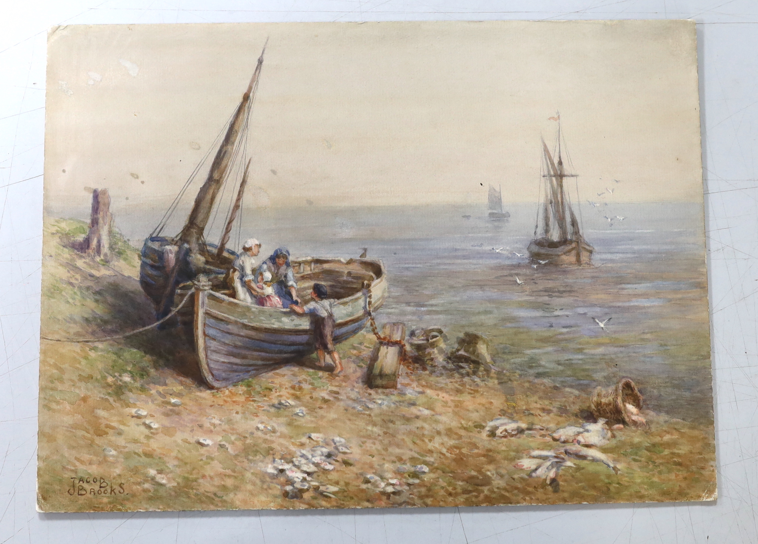 Jacob Brooks (1877-1954), watercolour on card, Coastal scene, on the beach, signed, 27 x 37cm, unframed